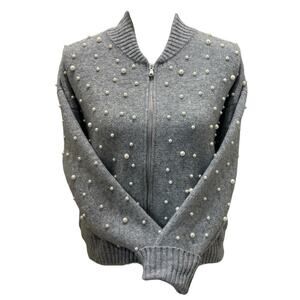 Nine West Gray Zip Front Pearl Knit Bomber Sweater Small